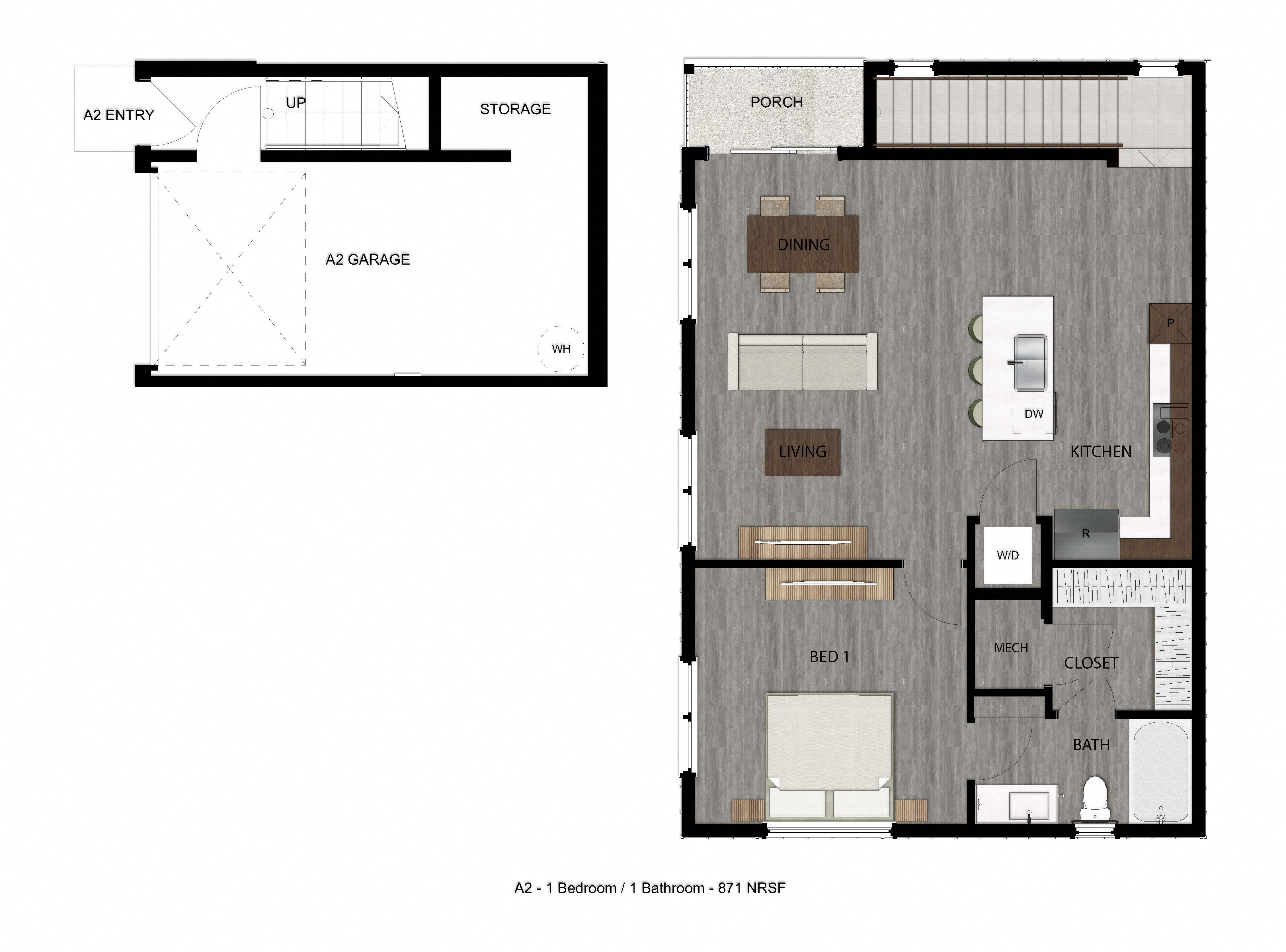 Floor plan for 1 bed, 1 bath, 871 sqft